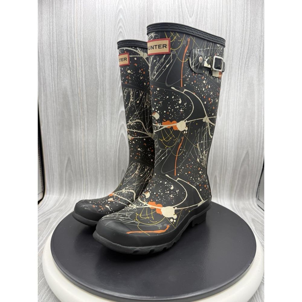 Hunter Tall Kids Size 2B / 3G Black Orange Paint Splatter Waterproof Rain Boots